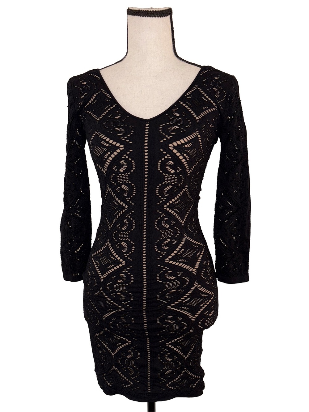Vintage Y2K bebe Made in USA Black Openwork Lace Bodycon Mini Dress S